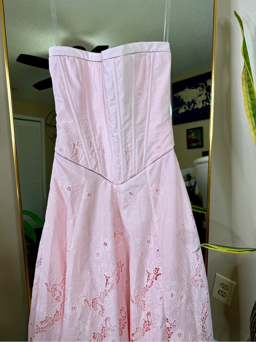 House of CB BELISSA Pink Strapless Custom Lace + Broderie Anglaise Midi Dress - Picture 9 of 11